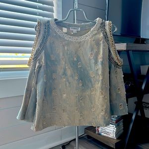 Denim distress blouse with chains